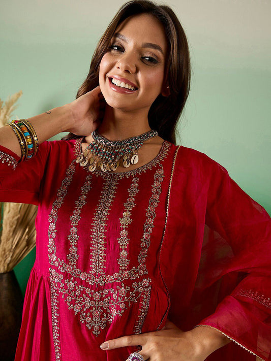 Dhiyona SN Women's Red Ethnic Embroidered Zari Sequined Pleated Straight Kurta With Trouser & Dupatta