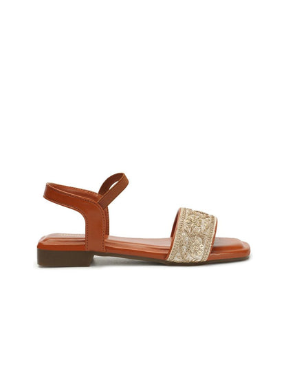 Dhiyona AK Tan Brown & Gold-Toned Embroidered Open Toe Flats