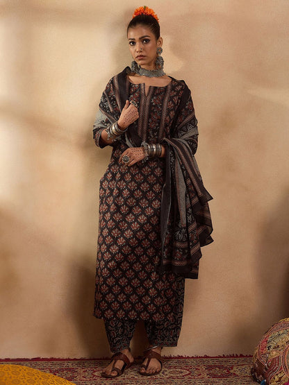Dhiyona IE Ethnic Motifs Printed Pure Cotton Straight Kurta with Salwar & Dupatta