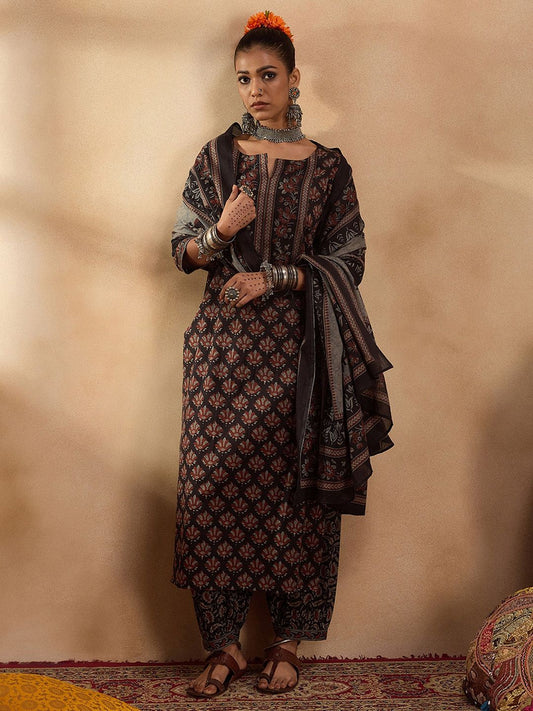 Dhiyona IE Ethnic Motifs Printed Pure Cotton Straight Kurta with Salwar & Dupatta