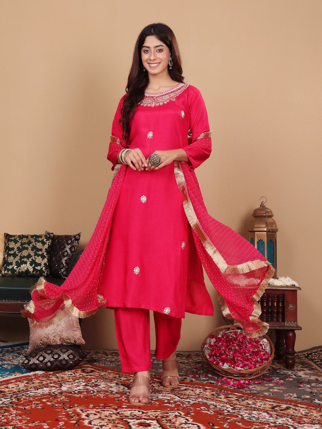 Dhiyona VA Women's Pink pure silk zardozi & floral embroidered kurta with trousers & dupatta