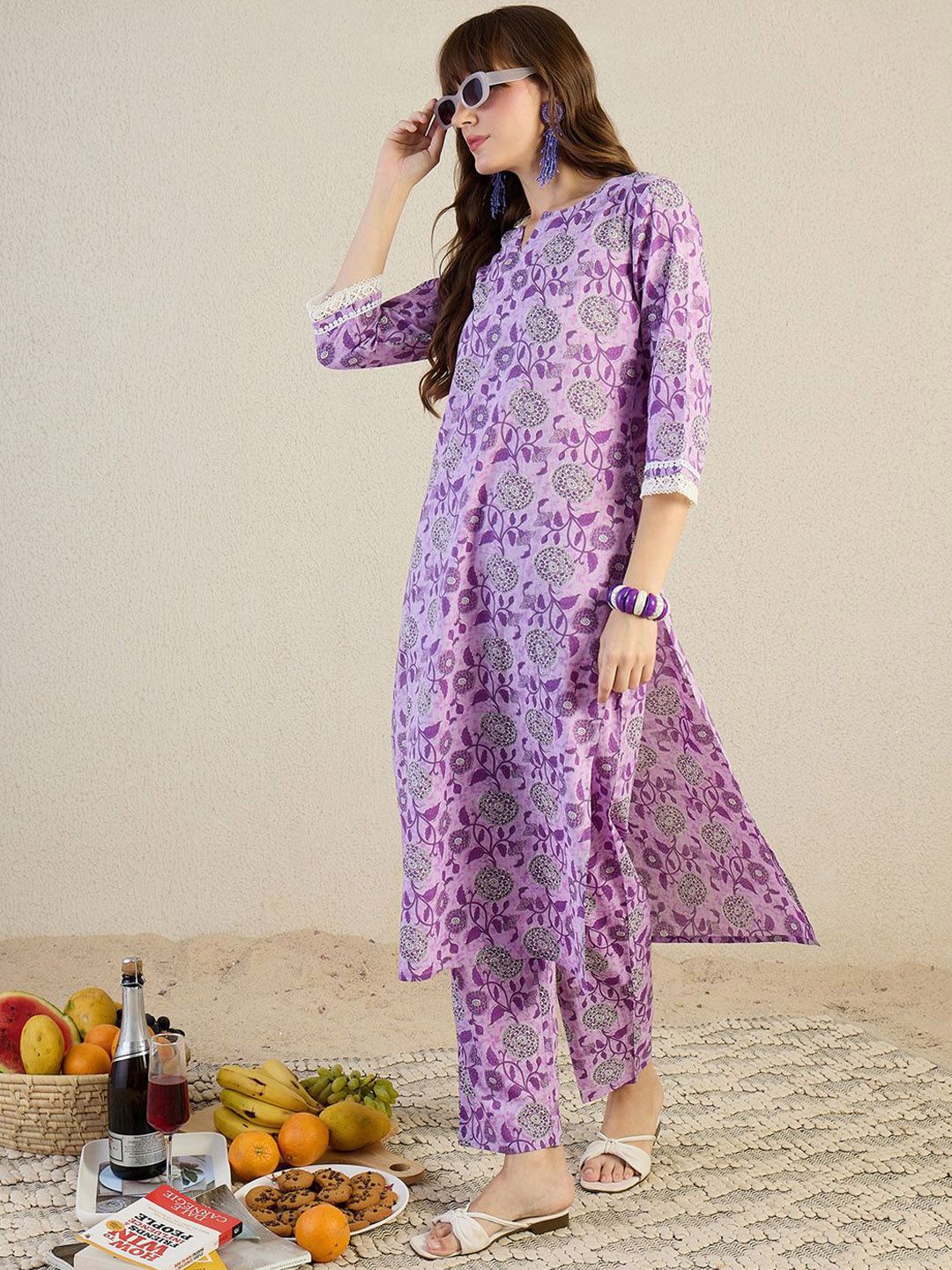 Dhiyona IE Women Floral Printed Pure Cotton Kurta with Trousers