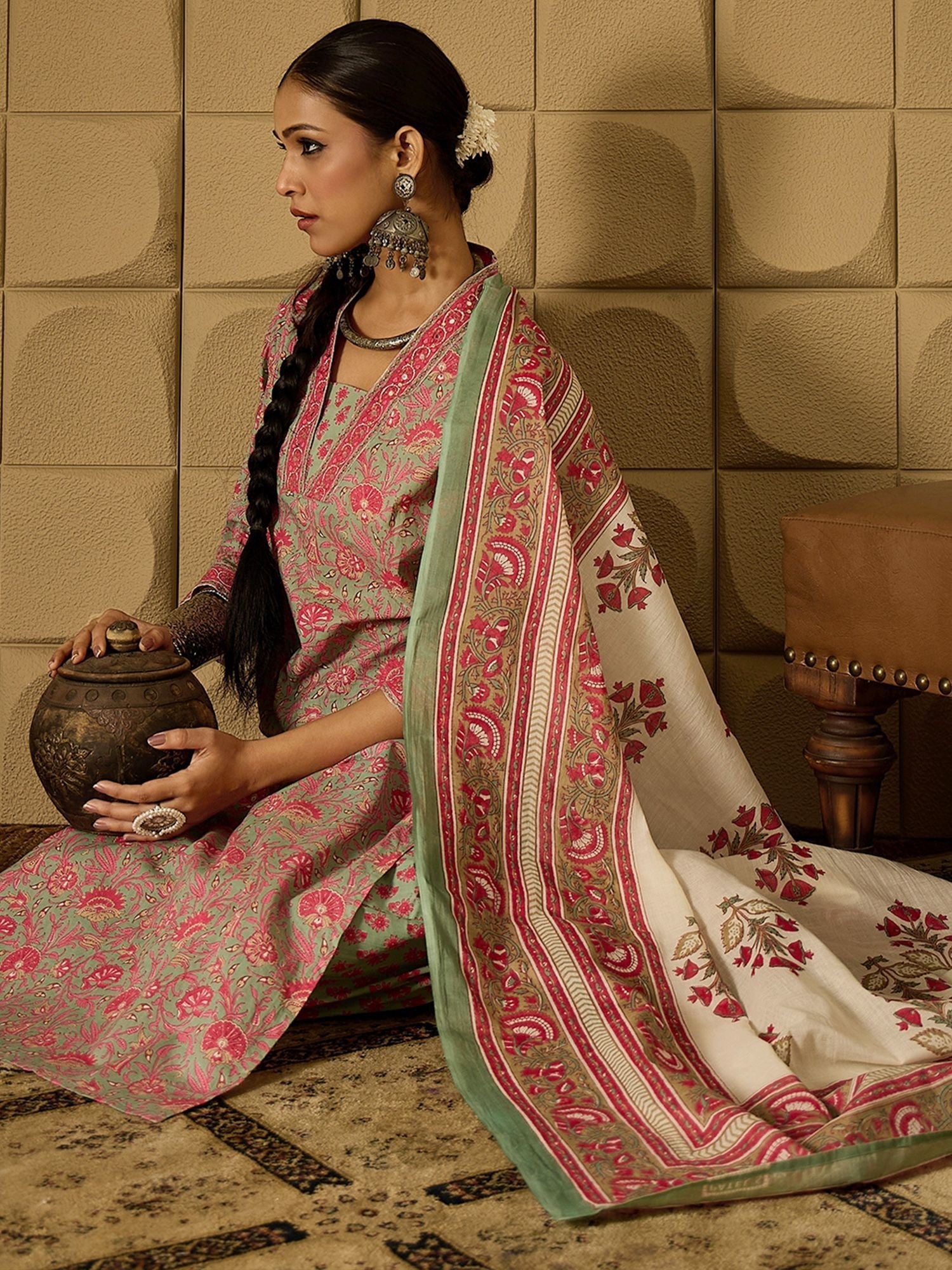 Dhiyona IE Floral Printed Pure Cotton Kurta Straight Kurta With Salwar And Dupatta
