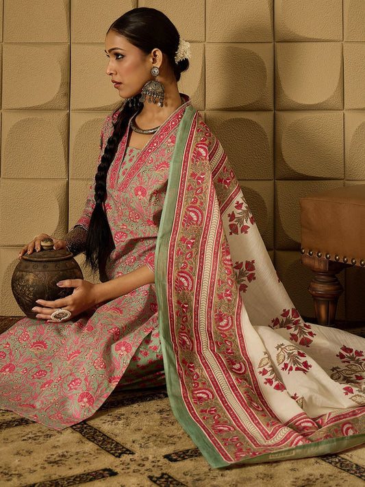 Dhiyona IE Floral Printed Pure Cotton Kurta Straight Kurta With Salwar And Dupatta