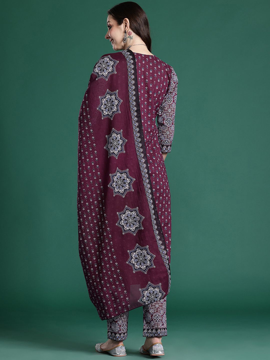 Ethnic Motifs Printed Mirror Work Pure Cotton Kurta with Trousers & With Dupatta