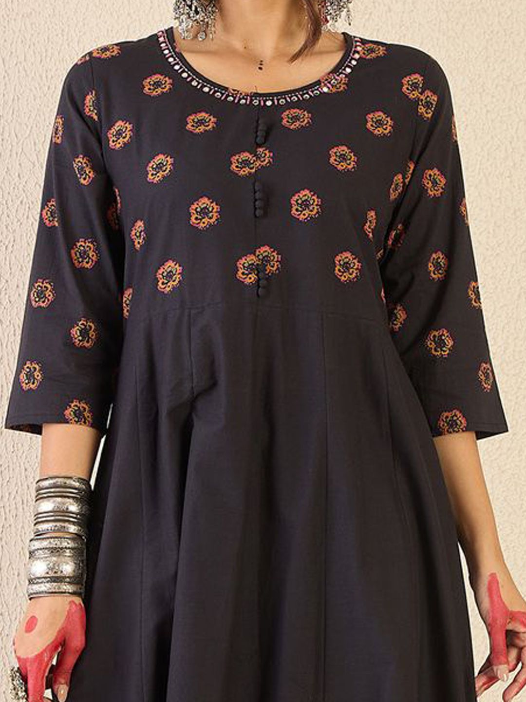 Floral Printed Round Neck Anarkali Pure Cotton Kurta With Trousers & With Dupatta