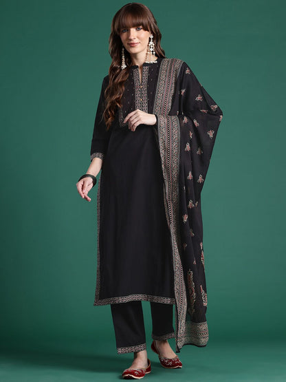 Dhiyona IE Floral Embroidered Thread Work Pure Cotton Kurta with Trousers & Dupatta