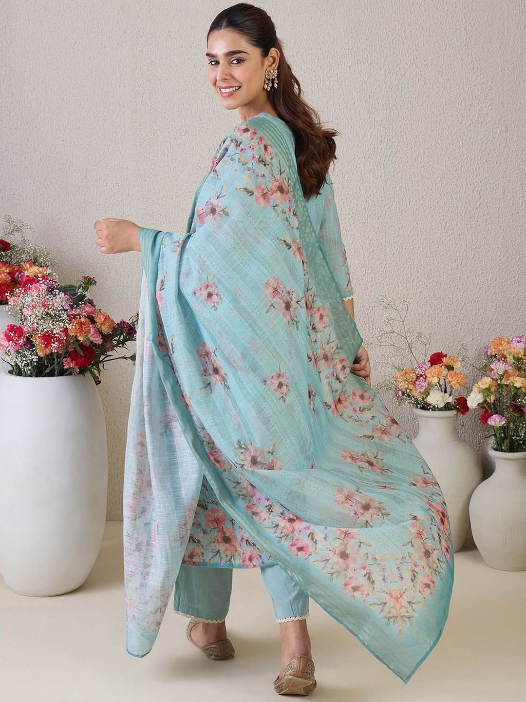 Dhiyona IE Women Floral Embroidered Linen Kurta with Trousers & Dupatta