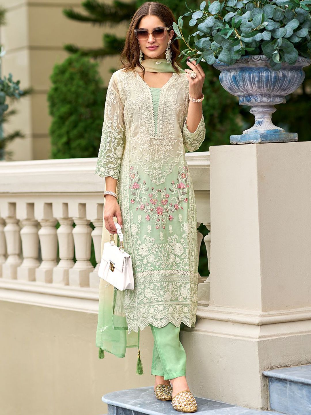 Floral Embroidered Sequinned Straight Organza Kurta With Trousers And Dupatta