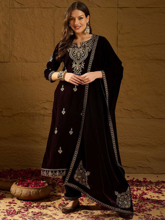 Dhiyona PD Women Floral Embroidered Velvet Straight Kurta & Trousers With Dupatta