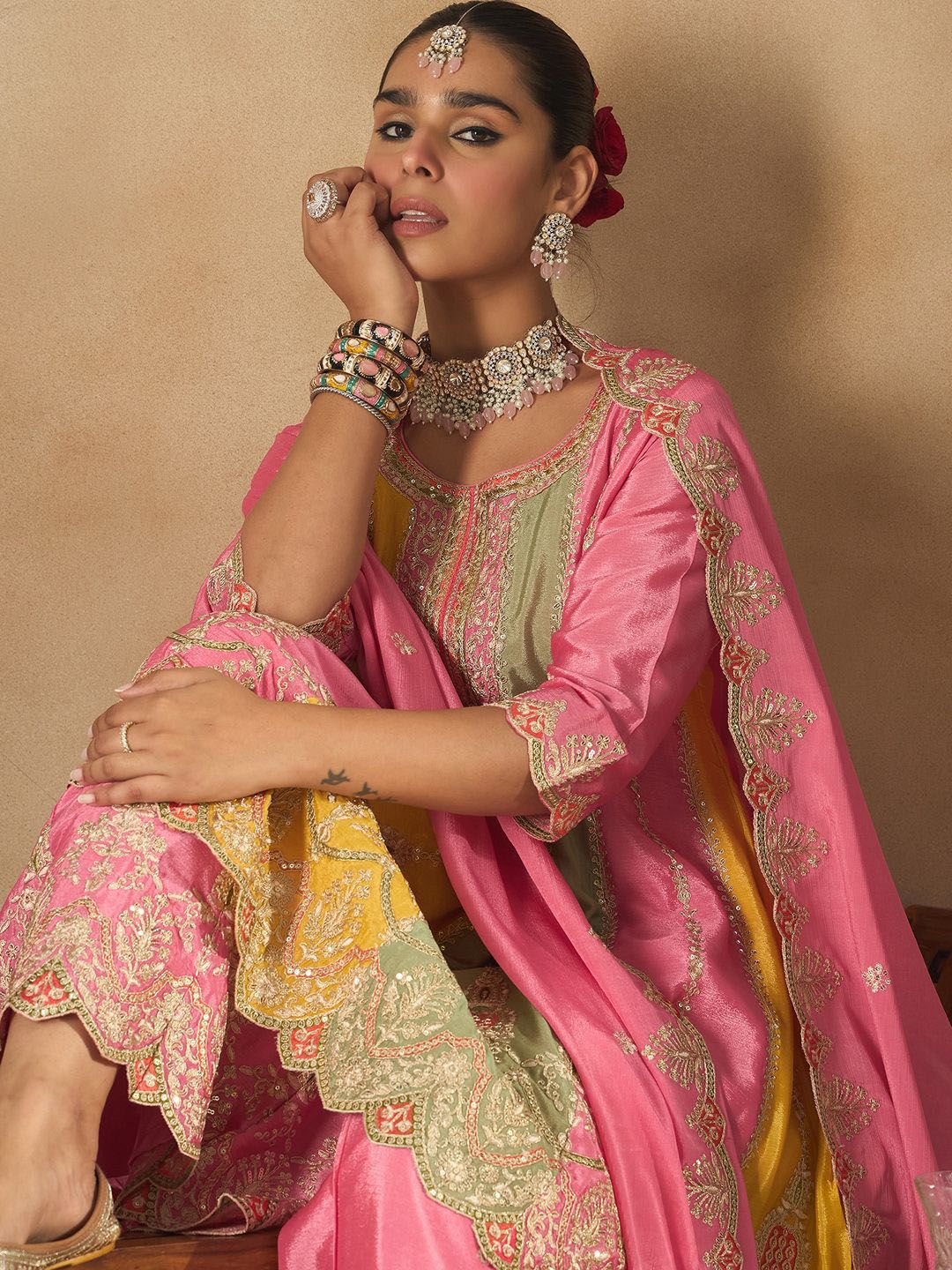 Dhiyona IE Women Ethnic Motifs Embroidered Panelled Sequinned Kurta with Palazzos & Dupatta