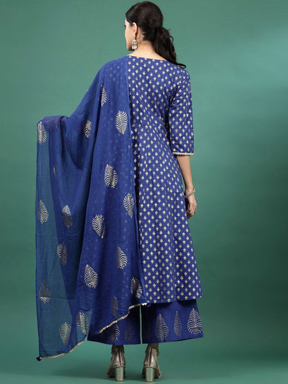 Dhiyona SN Women's Blue Floral Embroidered Pure Cotton A-Line Kurta & Trousers With Dupatta