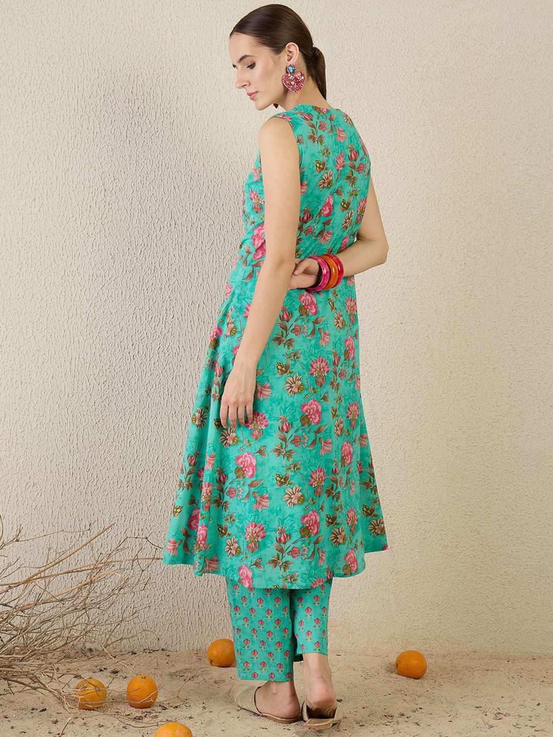 Floral Printed V-Neck Pure Cotton A-Line Kurta With Trouser