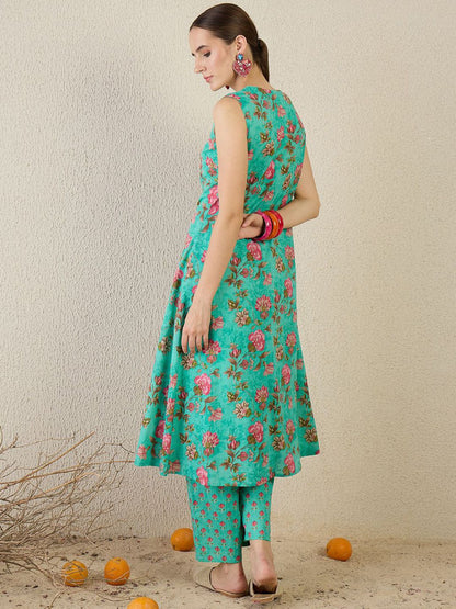 Floral Printed V-Neck Pure Cotton A-Line Kurta With Trouser