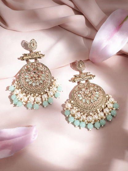 Dhiyona RJ Women's 18K Antique Gold-Plated Big Chandbali with Pearl & Turquoise Blue Bead Accents