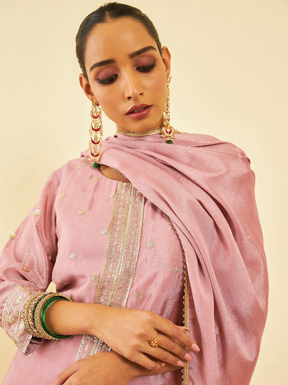 Dhiyona SO Women's Alina Cut Pink Ethnic Motifs Embroidered Regular Sequinned Kurta With Palazzos & Dupatta