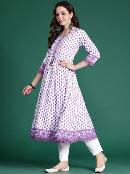 Floral Printed Pure Cotton Kurta with Trousers & Dupatta