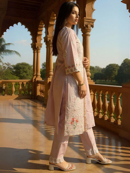 Embroidered V-Neck Thread Work Pure Cotton Straight Kurta With Trousers & Dupatta