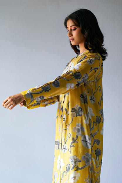 Women's Ceylon Yellow and Grey Bemberg Silk Printed Co-ord Set
