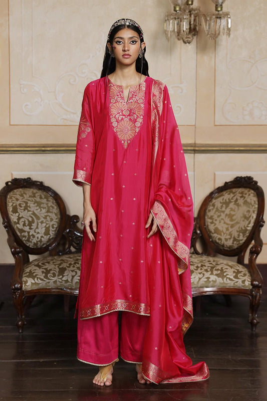 Women's Fuchsia Pink Woven Silk Salwar Suit