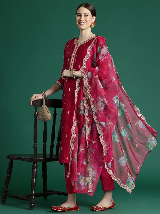 Dhiyona IE Women Ethnic Motifs Embroidered Regular Sequinned Kurta with Trousers & With Dupatta