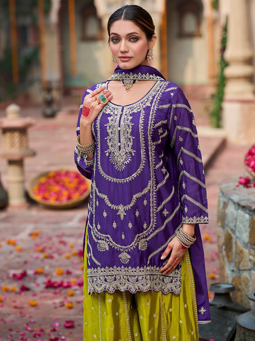 Floral Embroidered Sequinned Chinon Straight Kurta With Palazzos & Dupatta