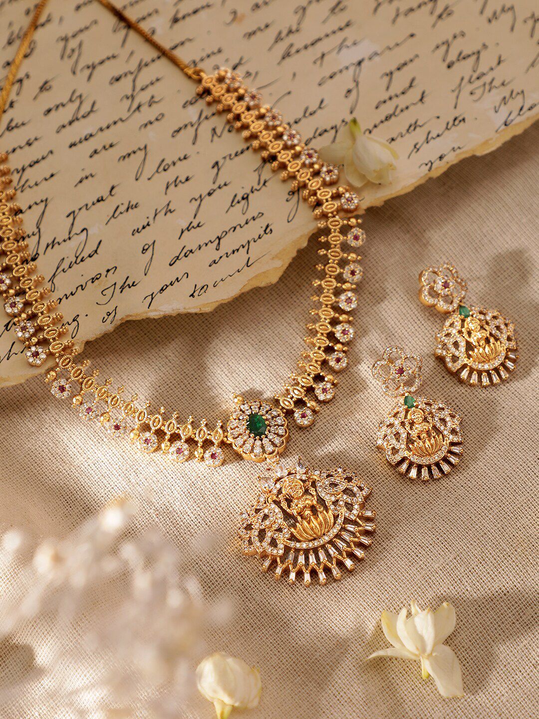 Dhiyona RJ Women's 22K Gold-Plated Emerald & CubicZirconia Temple Necklace Set with Divine Laxmi Motif