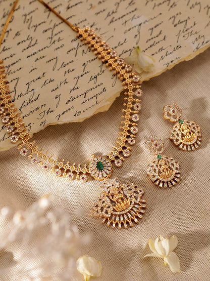 Dhiyona RJ Women's 22K Gold-Plated Emerald & CubicZirconia Temple Necklace Set with Divine Laxmi Motif