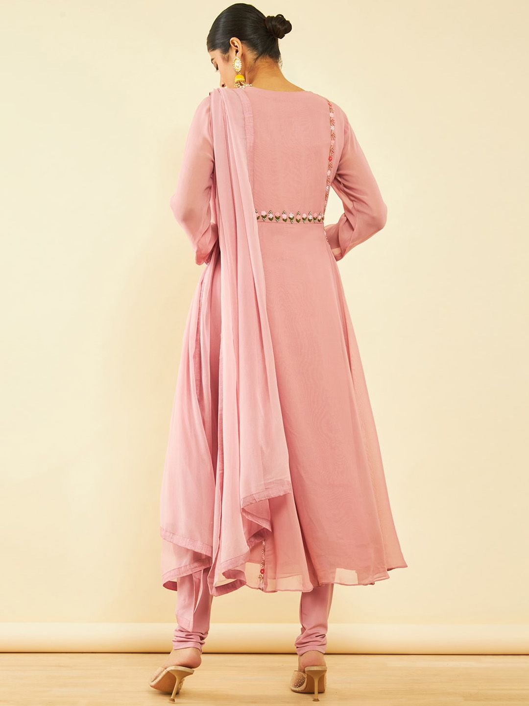Dhiyona SO Women's Floral Embroidered Beads and Stones Georgette Kurta with Churidar & Dupatta