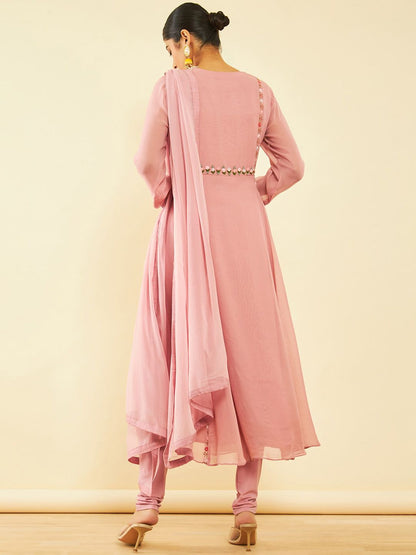 Dhiyona SO Women's Floral Embroidered Beads and Stones Georgette Kurta with Churidar & Dupatta