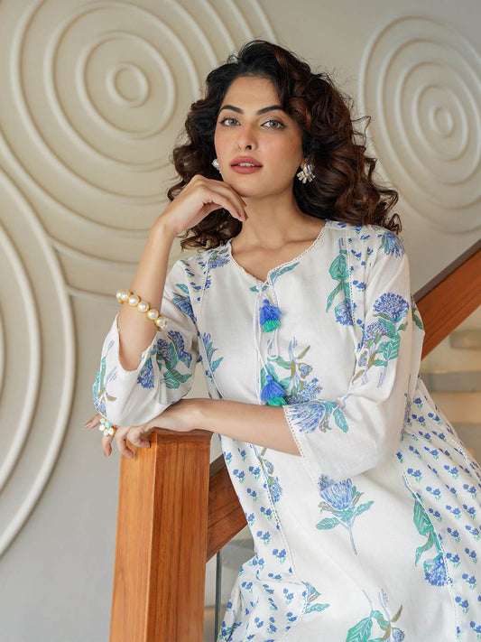 Dhiyona IE Floral Printed Tie-Up Neck Panelled A-Line Pure Cotton Kurta With Trousers