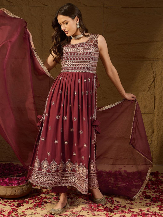 Dhiyona PD Women Floral Embroidered A-Line Kurta With Trouser And Dupatta