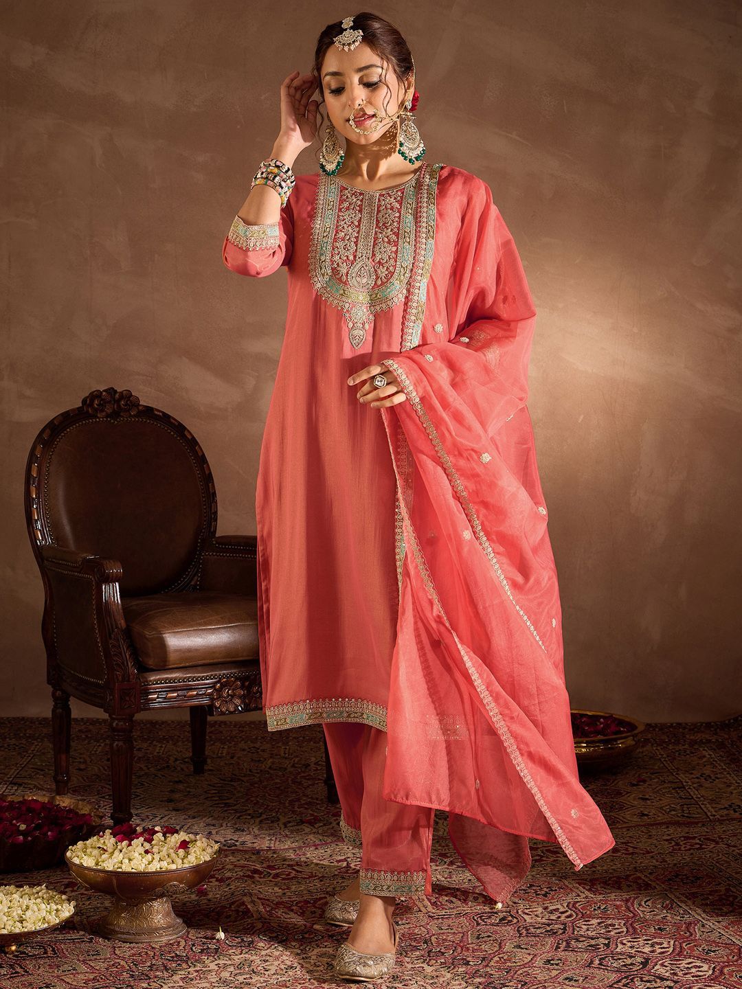 Floral Yoke Design Thread Work Straight Kurta With Trousers & Dupatta