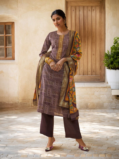 Dhiyona SO Women's Purple Geometric Printed Straight Kurta & Palazzos With Dupatta
