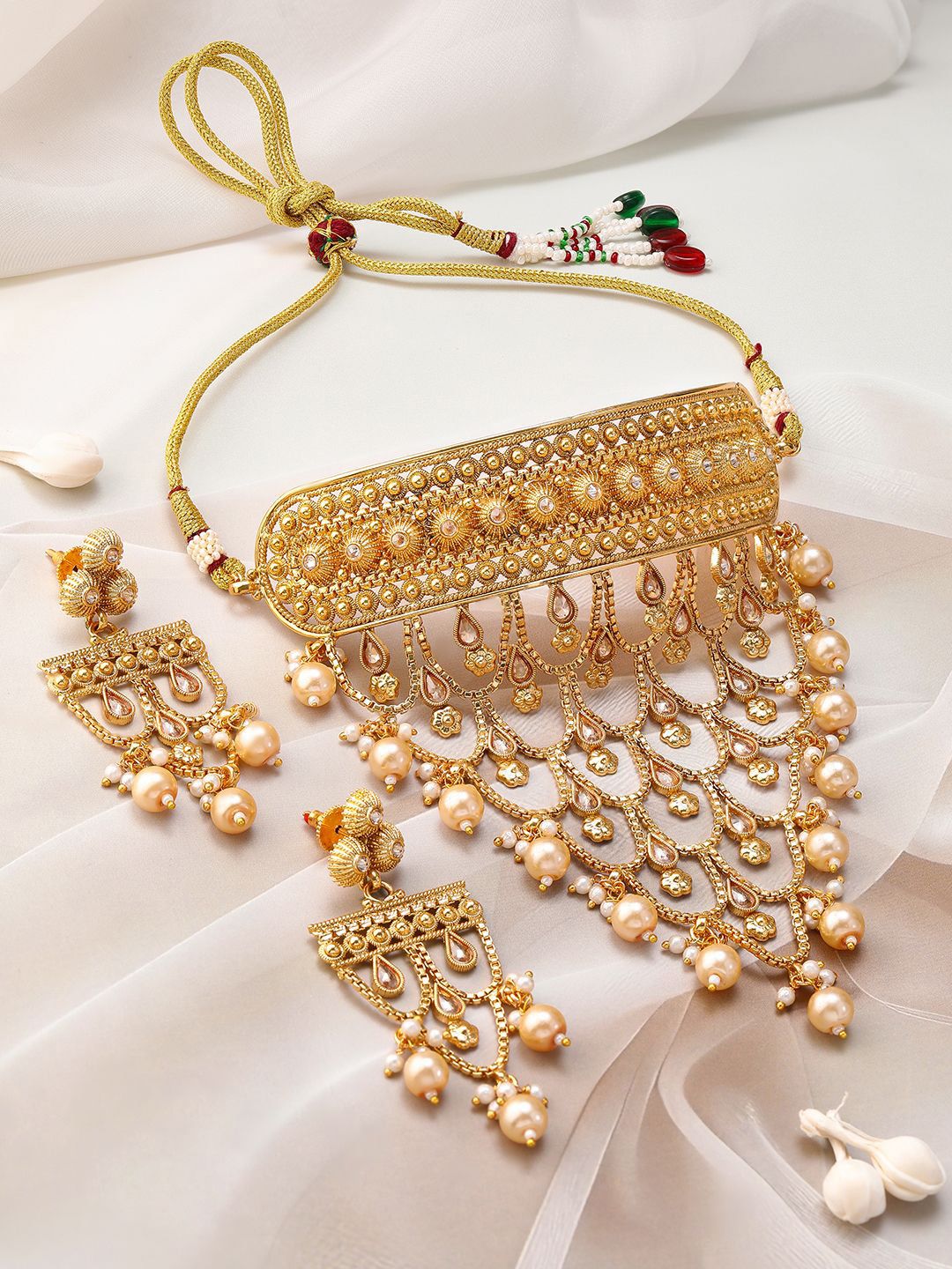 Dhiyona RJ Women's 22K Gold-Plated Choker Necklace Set With Pearls & Intricate Layered Design