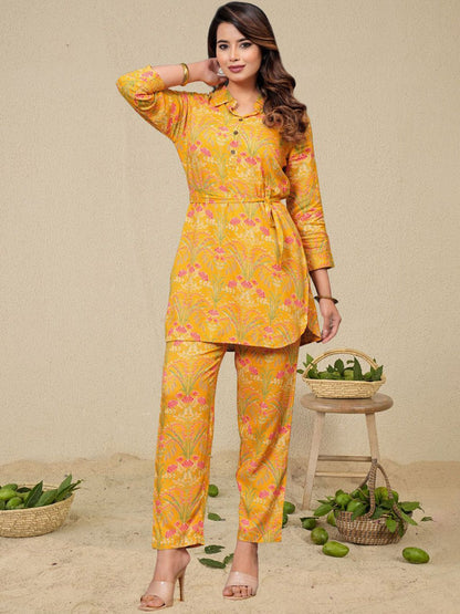 Dhiyona IE Floral Printed Shirt Collar Kurta With Trousers