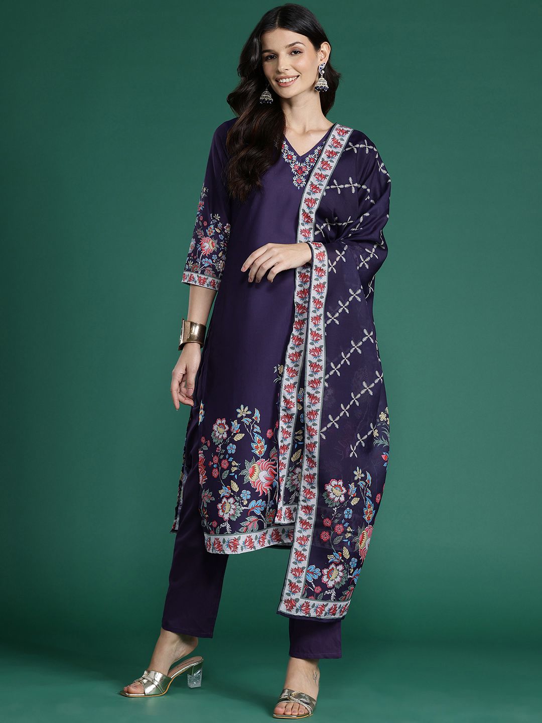 Floral Printed Thread Work Kurta With Trousers & Dupatta