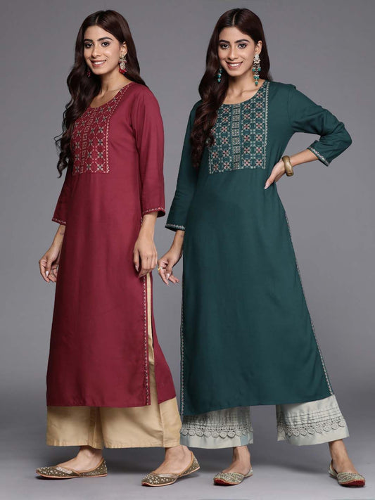 Dhiyona IE Pack of 2 Yoke Embroidered Thread Work Kurta