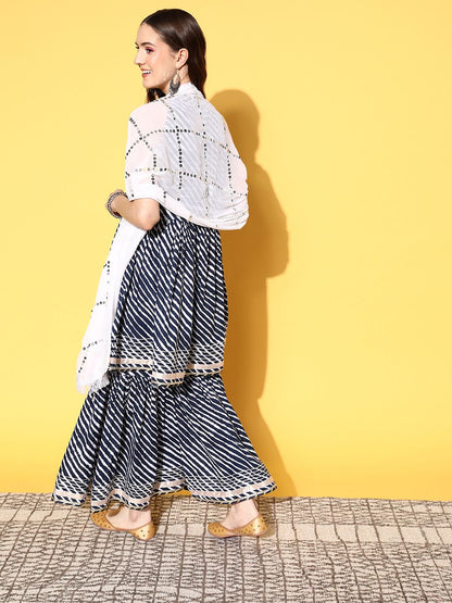 Dhiyona VA Women's Leheriya Printed Mirror Work Kurta with Sharara & With Dupatta
