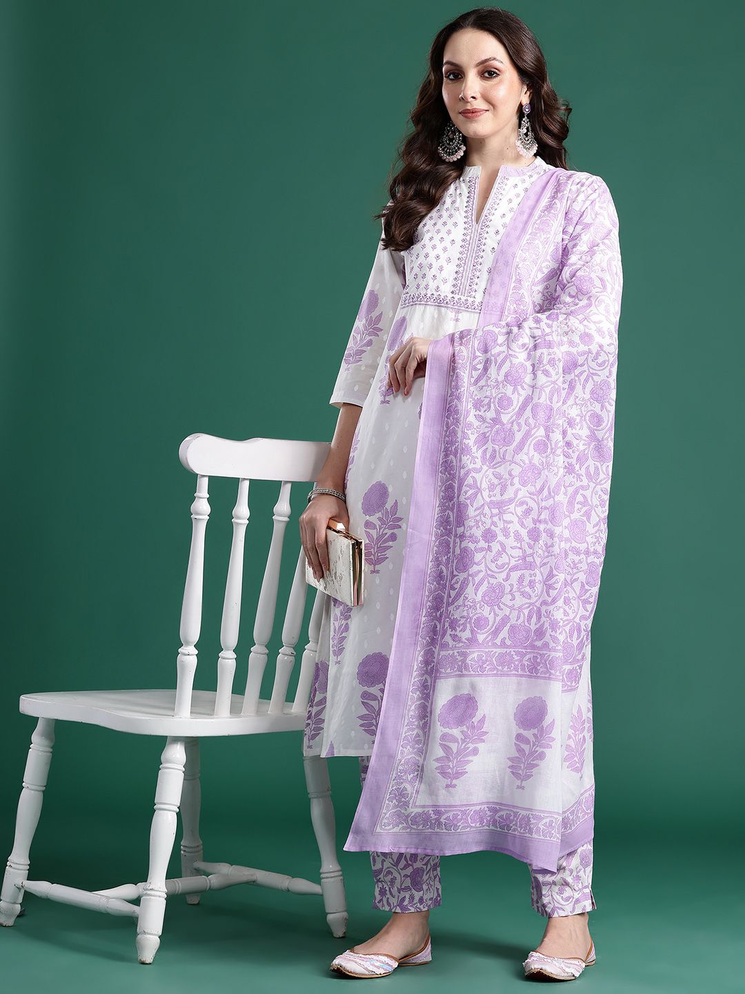 Floral Printed Pure Cotton Kurta with Trousers & Dupatta