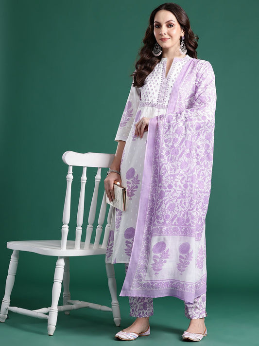 Floral Printed Pure Cotton Kurta with Trousers & Dupatta