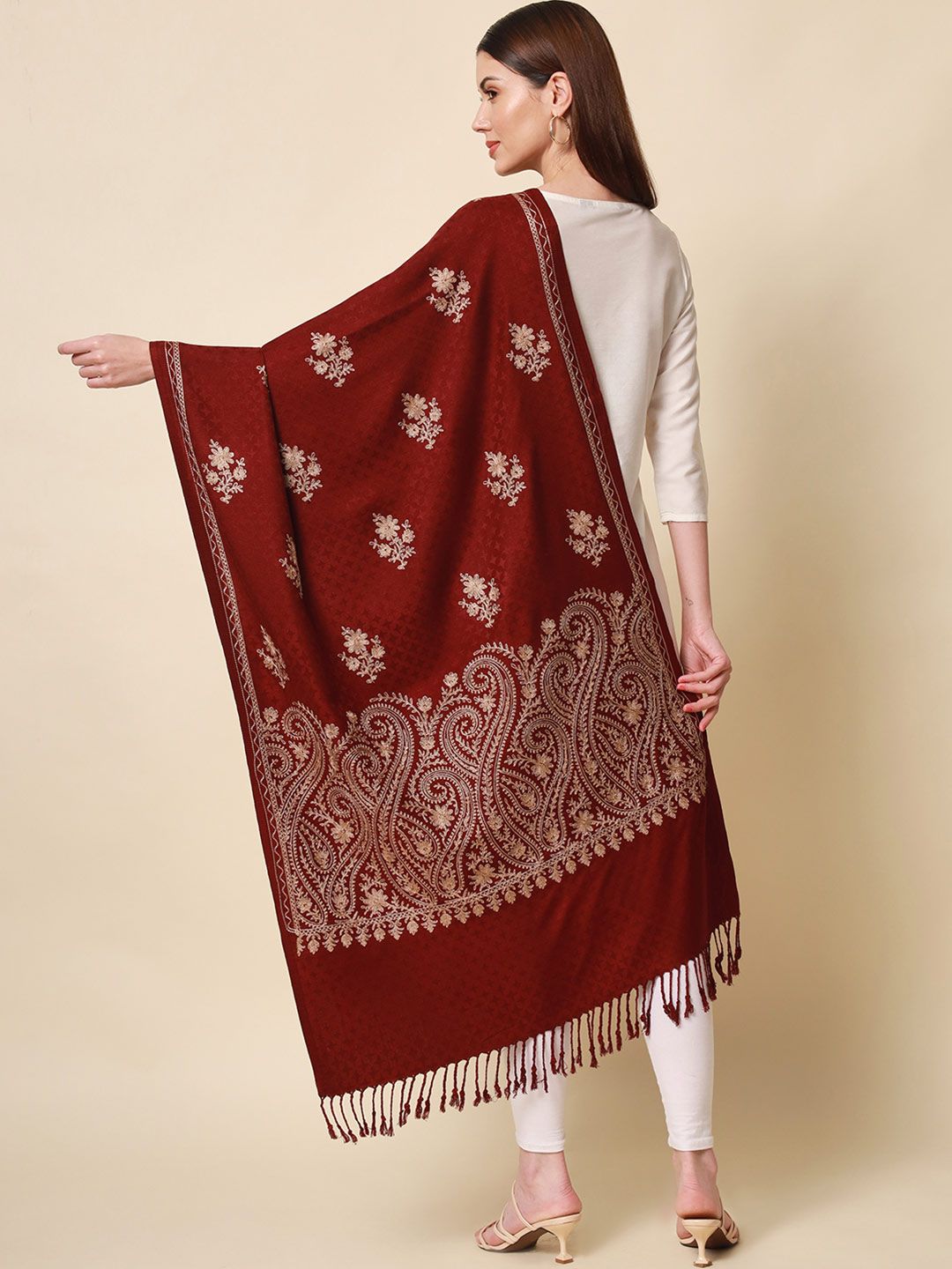 Dhiyona PA Women Wine Aari Embroidered Shawl