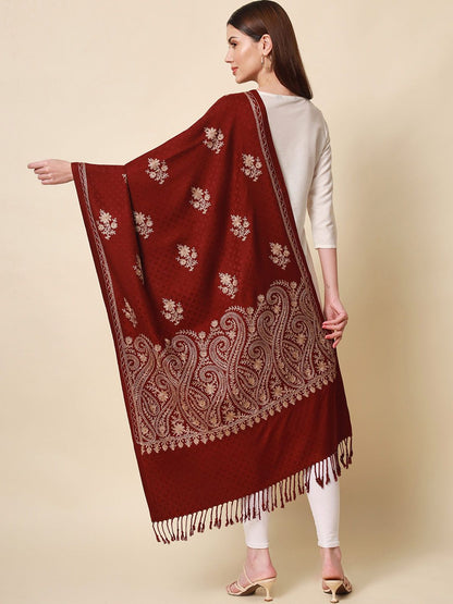 Dhiyona PA Women Wine Aari Embroidered Shawl