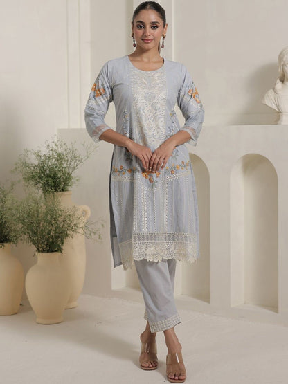 Floral Embroidered Straight Pure Cotton Kurta With Trousers & Dupatta