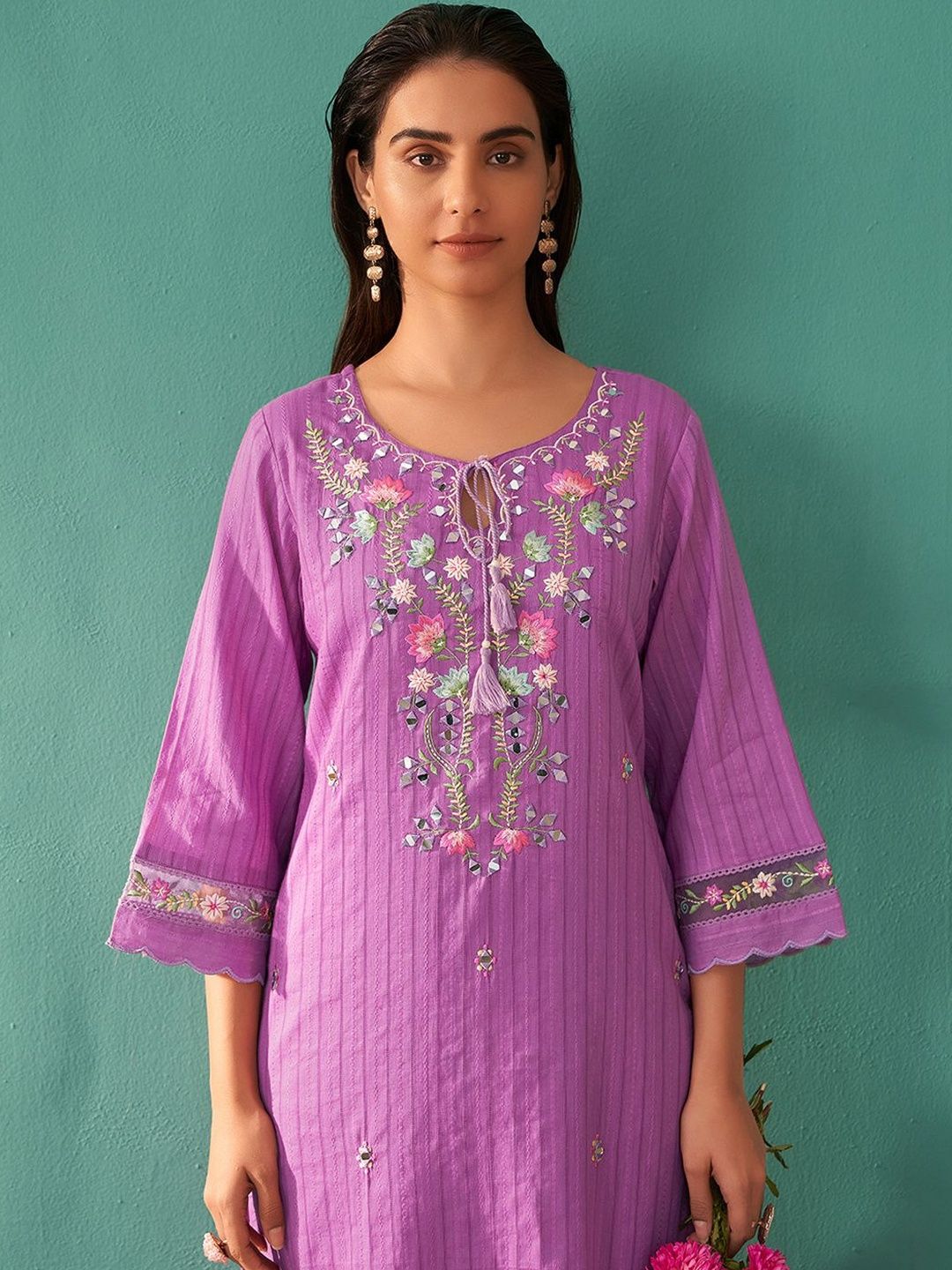 Women Ethnic Motifs Embroidered Regular Thread Work Pure Cotton Kurta with Trousers & With Dupatta