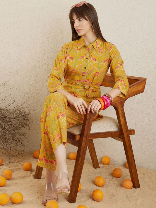 Dhiyona IE Floral Printed Shirt Collar Tunic With Trousers