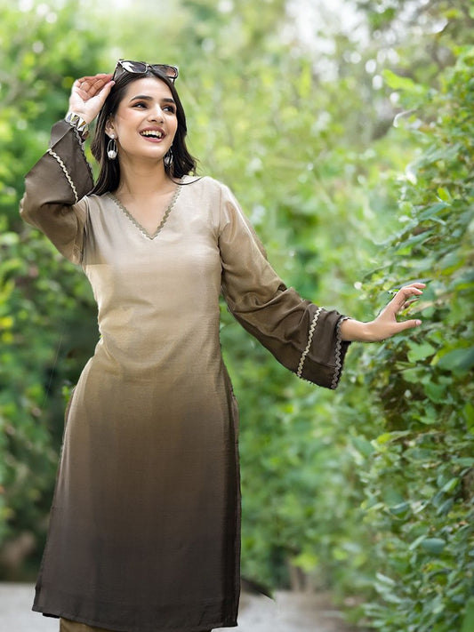 Dhiyona VA Women'sOmbre Dyed V-Neck Straight Kurta With Trousers