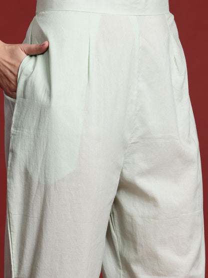 Floral Printed Linen Kurta With Trousers & Dupatta