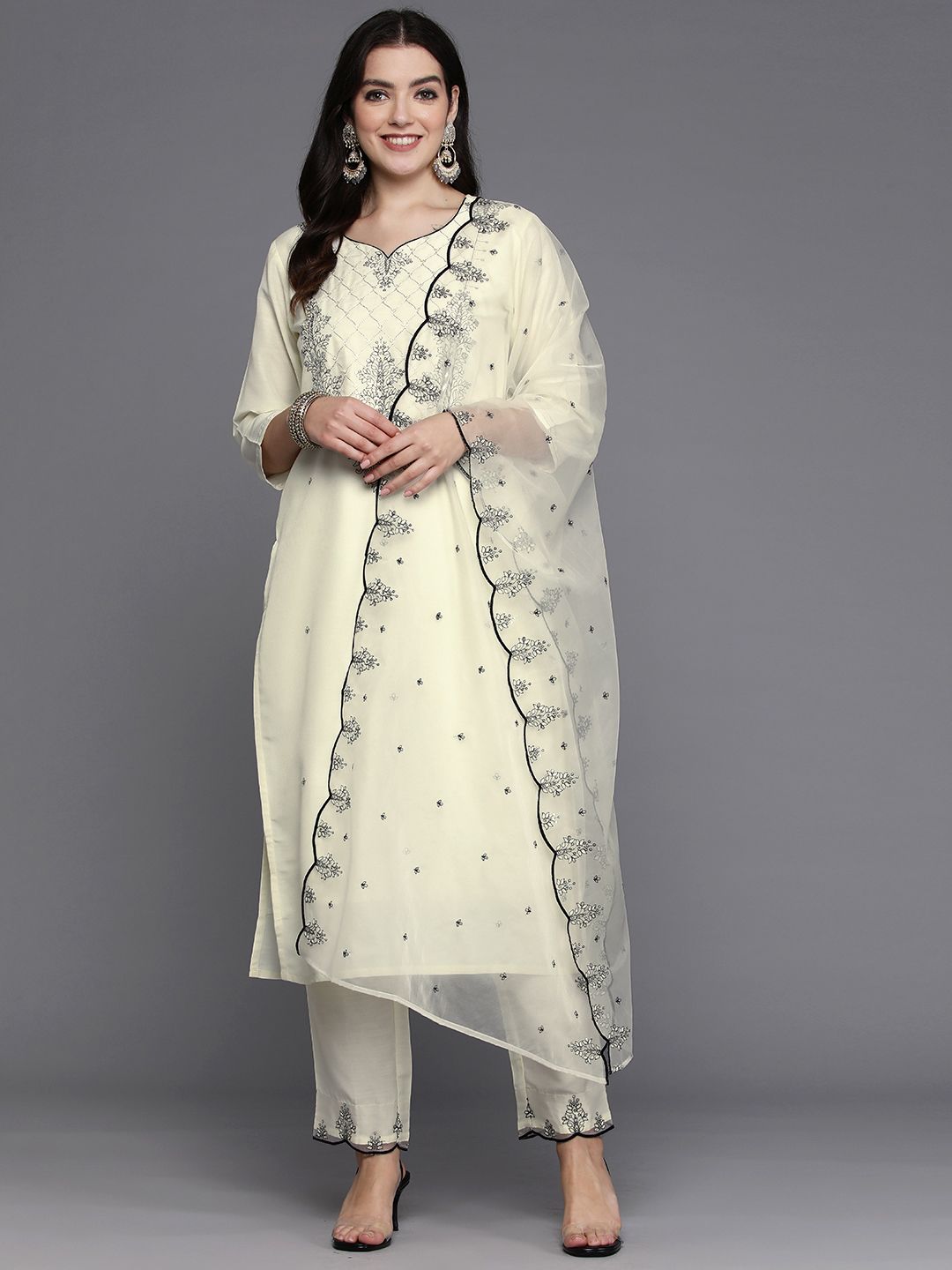 Dhiyona IE Women Ethnic Motifs Embroidered Regular Thread Work Kurta with Trousers & Dupatta