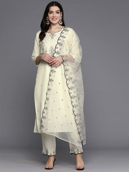 Dhiyona IE Women Ethnic Motifs Embroidered Regular Thread Work Kurta with Trousers & Dupatta